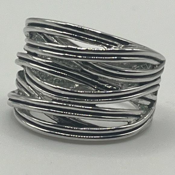 Wide Multi-Band Silver Tone Statement Ring – Modern Layered Design- Size 6 - Picture 1 of 3
